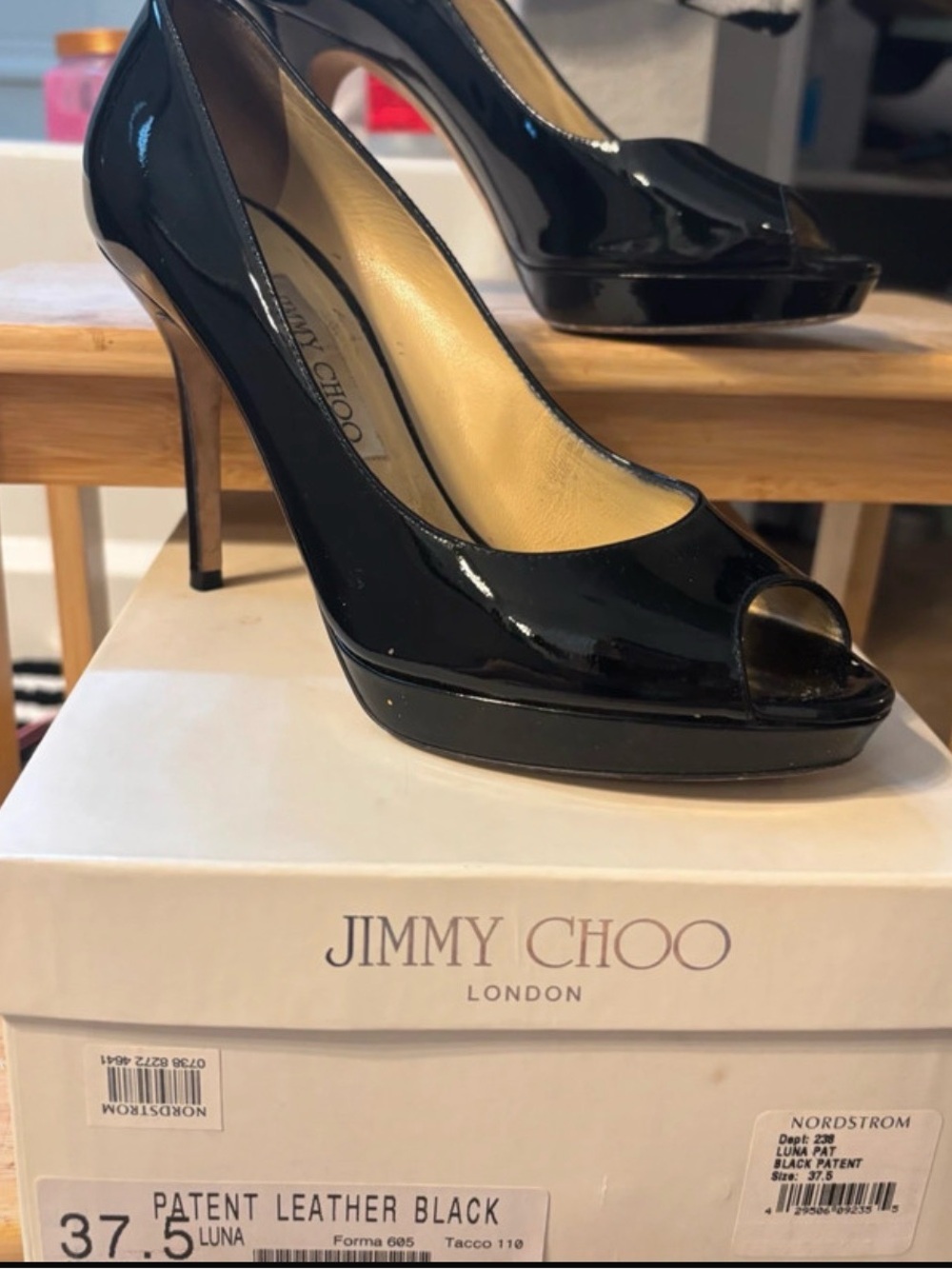 Jimmy Choo Black Patent Leather Peep-Toe Platform Pumps